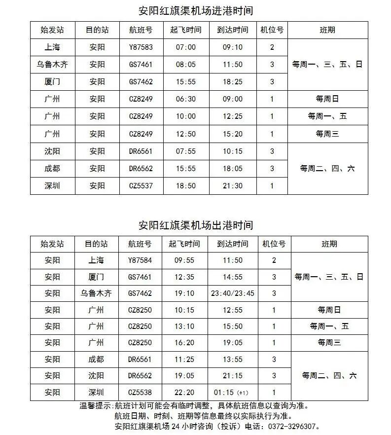 安阳（汤阴）红旗渠机场2026-2027冬春季航班时刻表来啦！