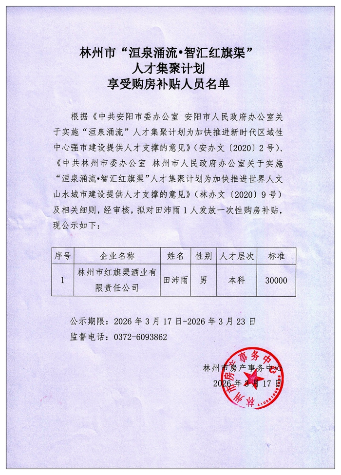 林州市“洹泉涌流•智汇红旗渠”人才集聚计划享受购房补贴人员名单