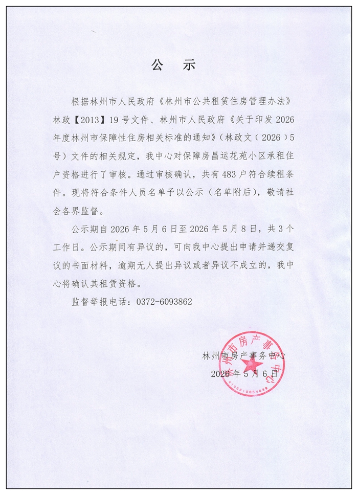 2026年昌运花苑小区符合续租条件公示
