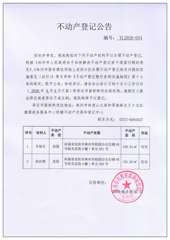 不动产登记公告YL2026第054号