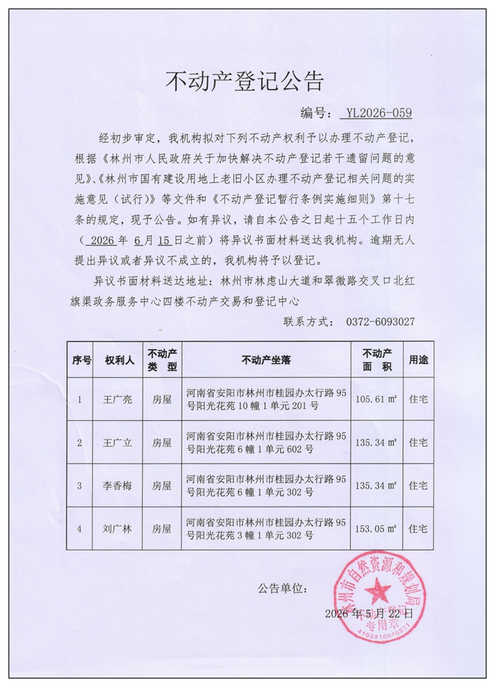 不动产登记公告YL2026第059号