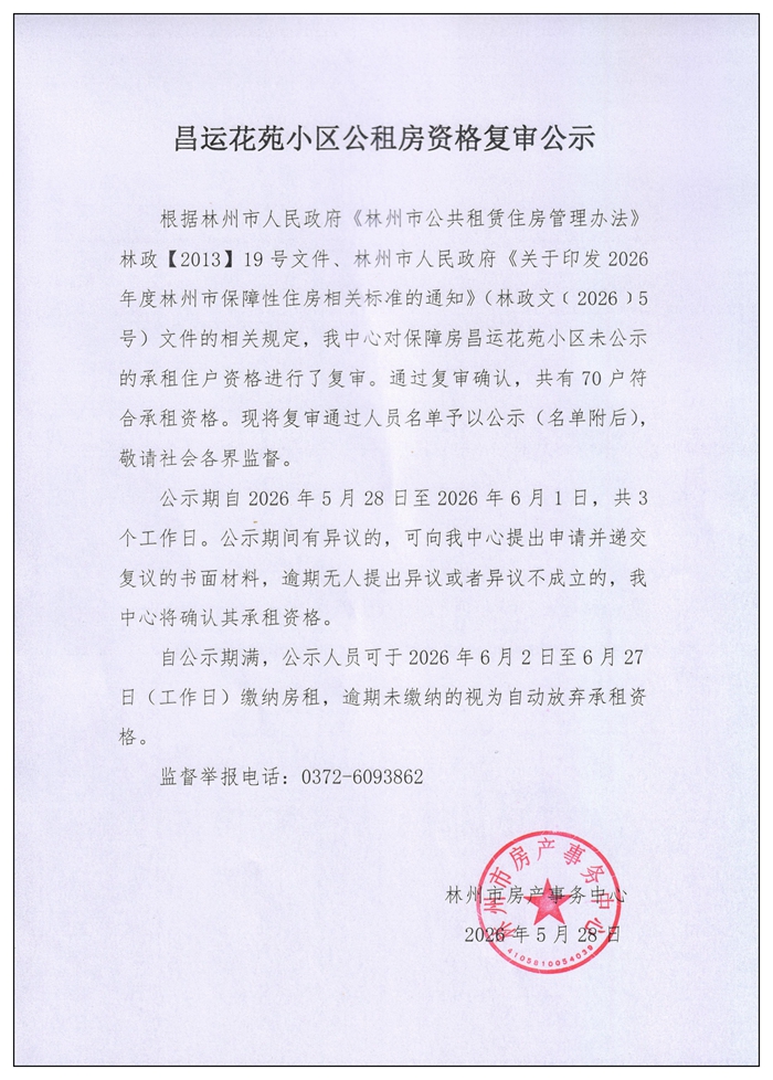 昌运花苑小区公租房资格复审公示