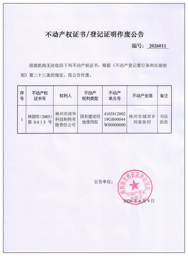 不动产权证书／登记证明作废公告2026011
