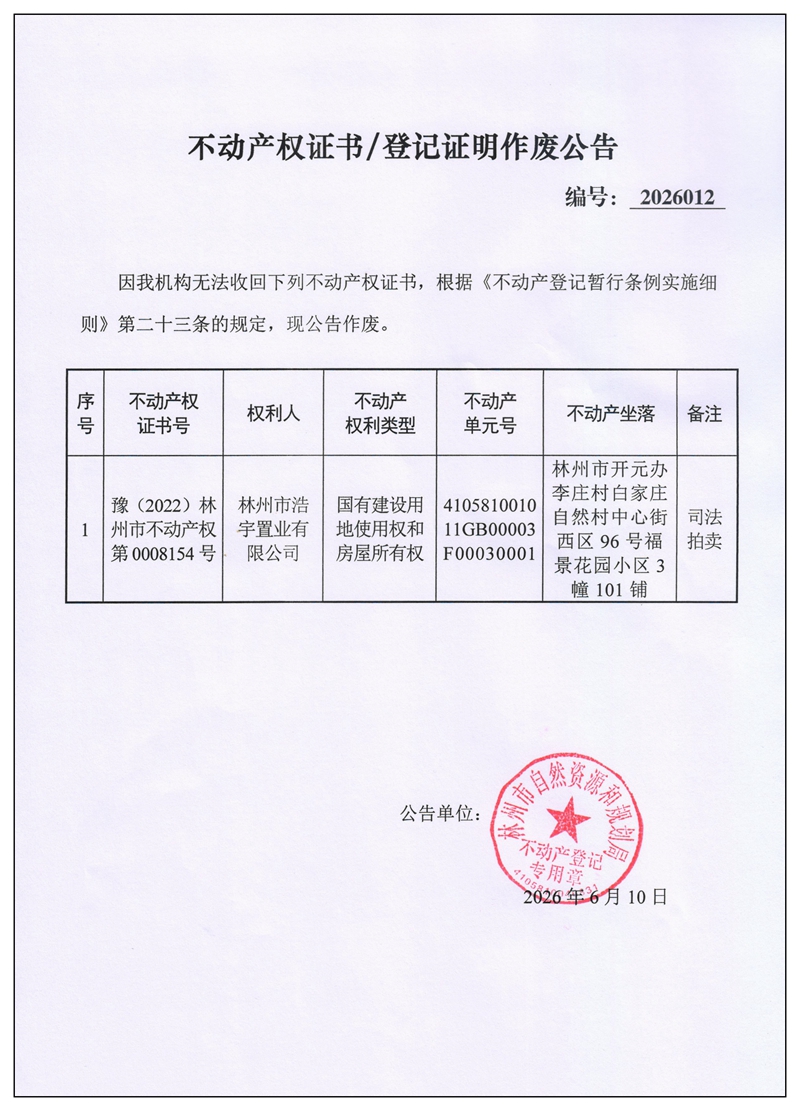 不动产权证书／登记证明作废公告2026012