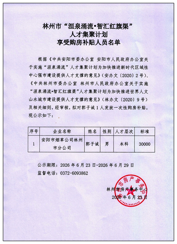 林州市“洹泉涌流•智汇红旗渠”人才集聚计划享受购房补贴人员名单
