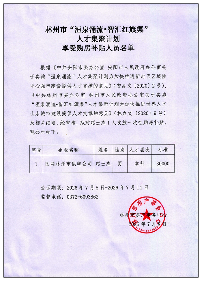林州市“洹泉涌流•智汇红旗渠”人才集聚计划享受购房补贴人员名单