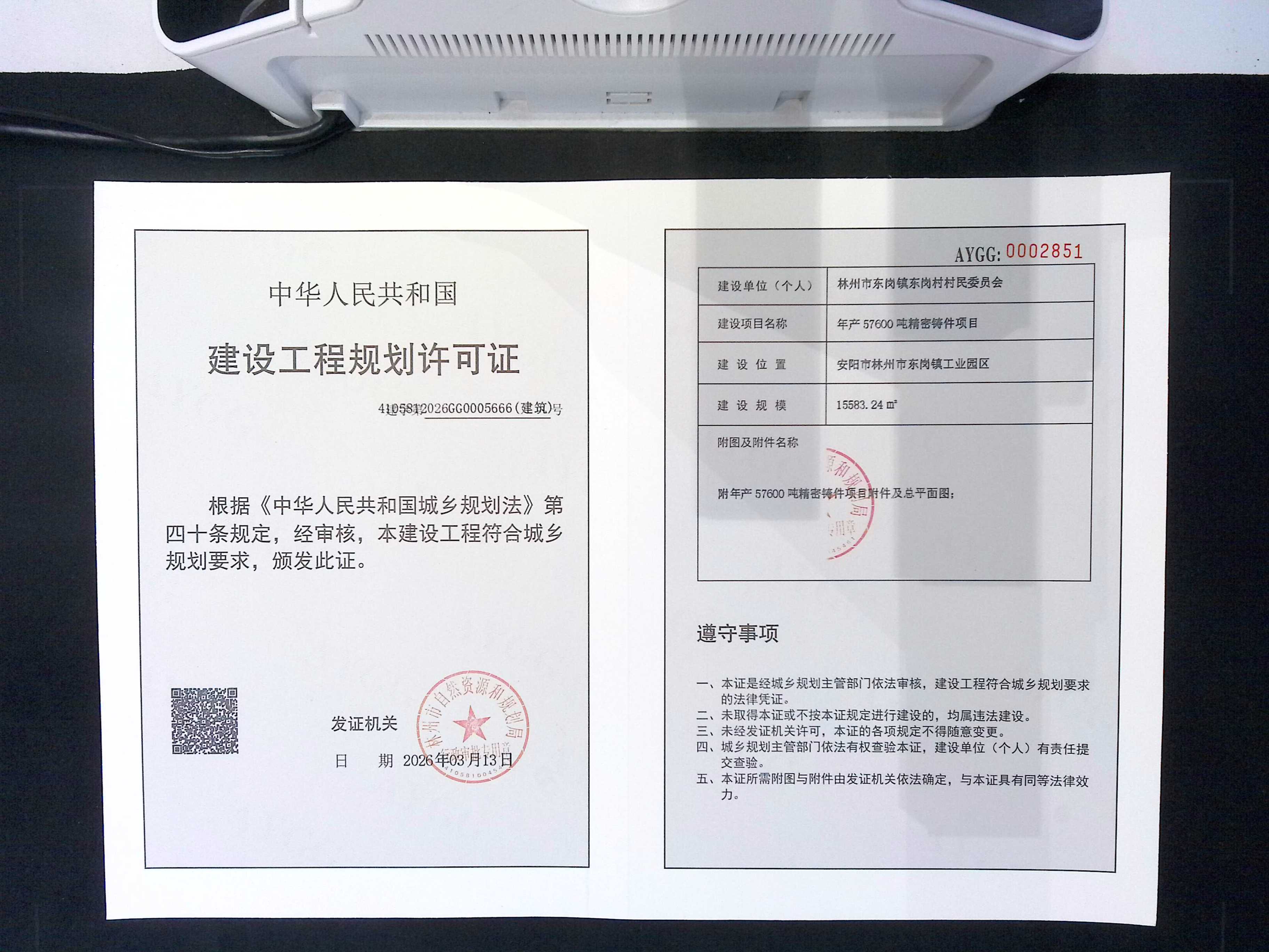 林州市东岗镇东岗村村民委员会年产57600吨精密铸件项目批后公告