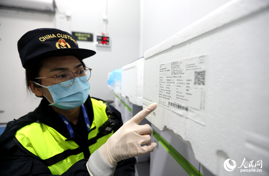 海关工作人员对三文鱼进行查验。人民网记者 霍亚平摄