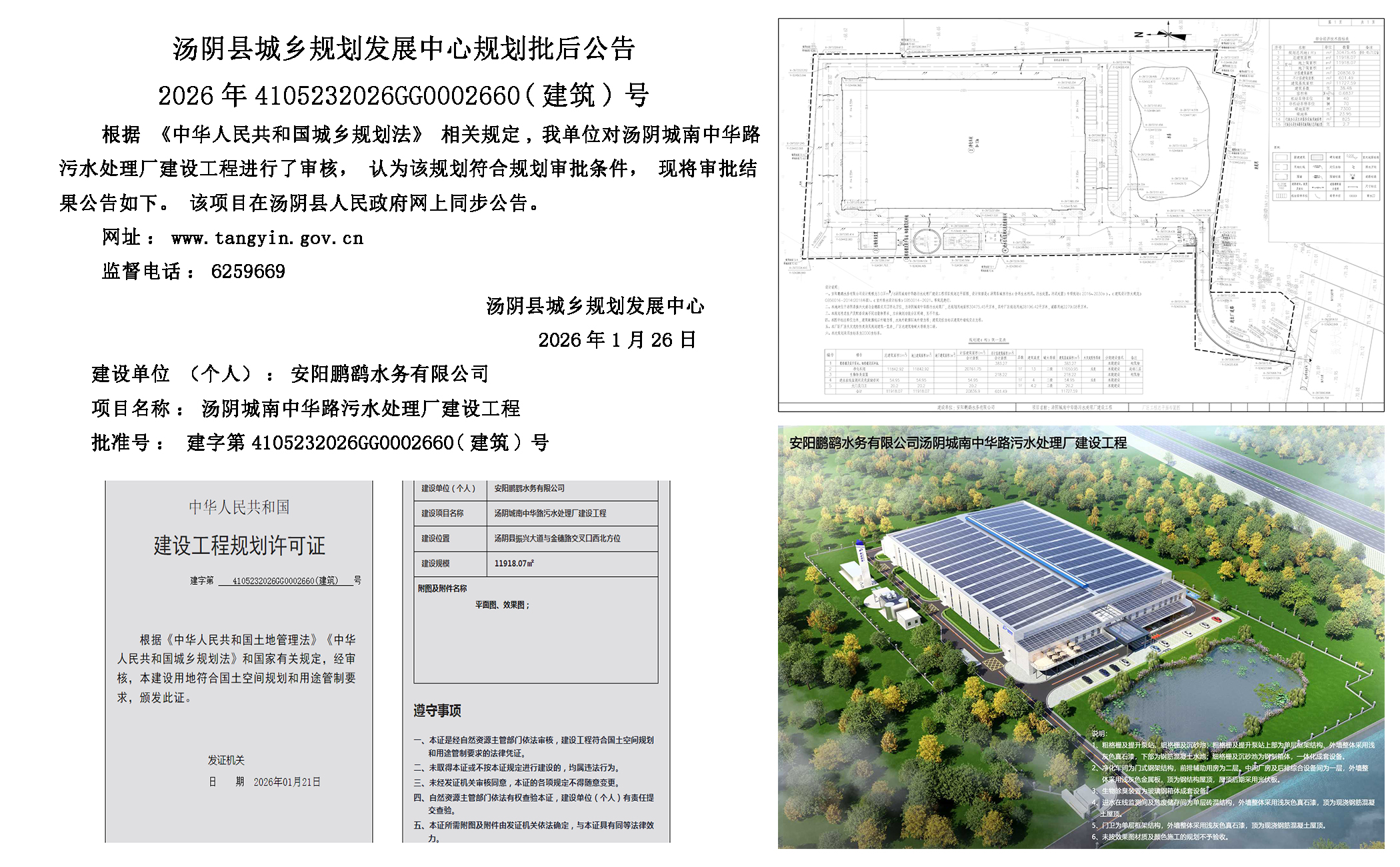 汤阴县城乡规划发展中心规划批后公告2026年4105232026GG0002660（建筑）号--汤阴城南中华路污水处理厂建设工程一元小婵