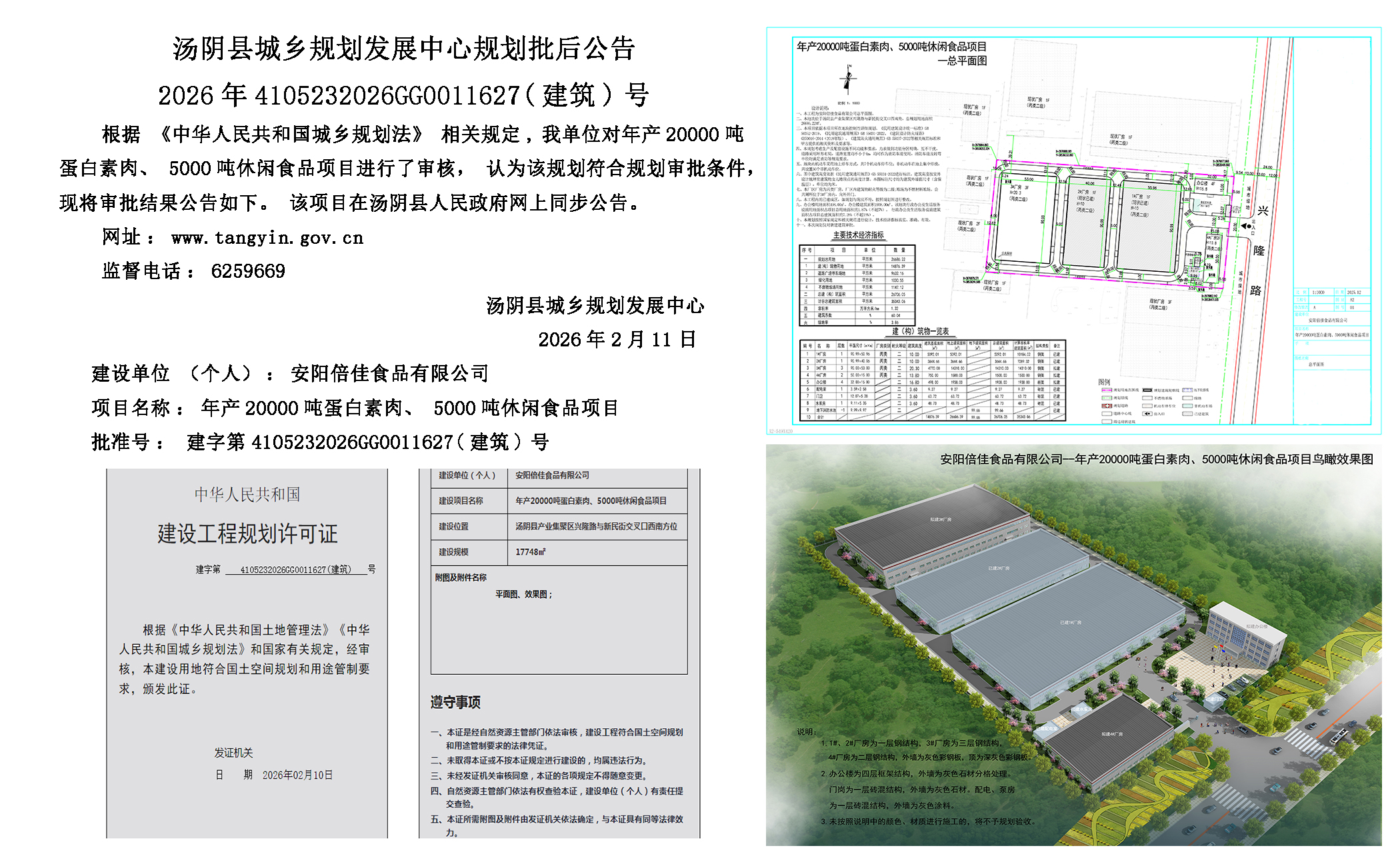 汤阴县城乡规划发展中心规划批后公告2026年4105232026GG0011627（建筑）号--年产20000吨蛋白素肉、5000吨休闲食品项目一元小婵