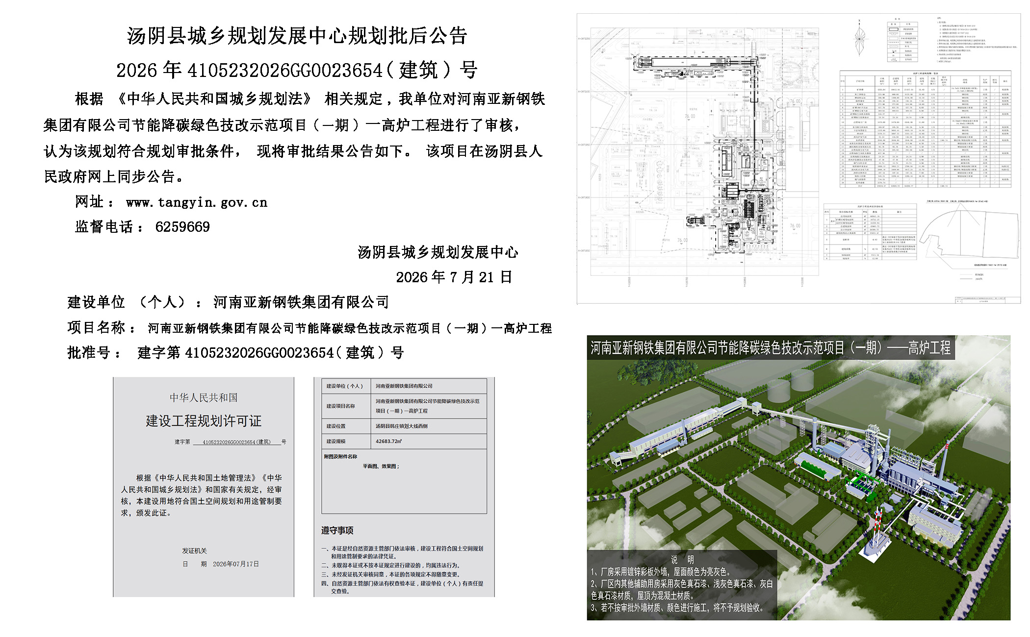 汤阴县城乡规划发展中心规划批后公告2026年4105232026GG0023654（建筑）号-- 河南亚新钢铁集团有限公司节能降碳绿色技改示范项目（一期）一高炉工程一元小婵