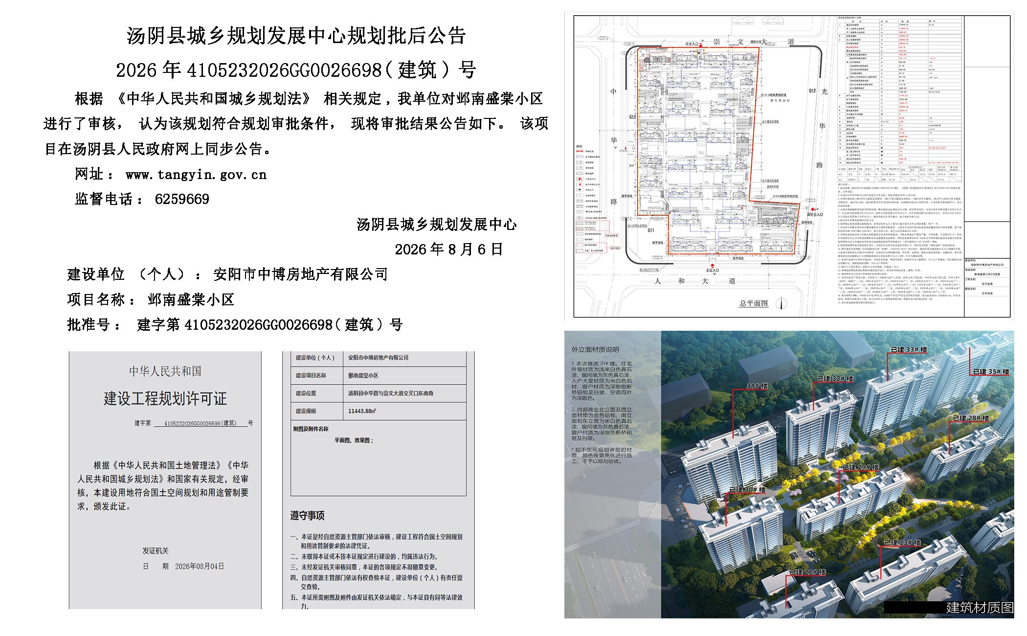 汤阴县城乡规划发展中心规划批后公告2026年4105232026GG0026698（建筑）号-- 邺南盛棠小区一元小婵