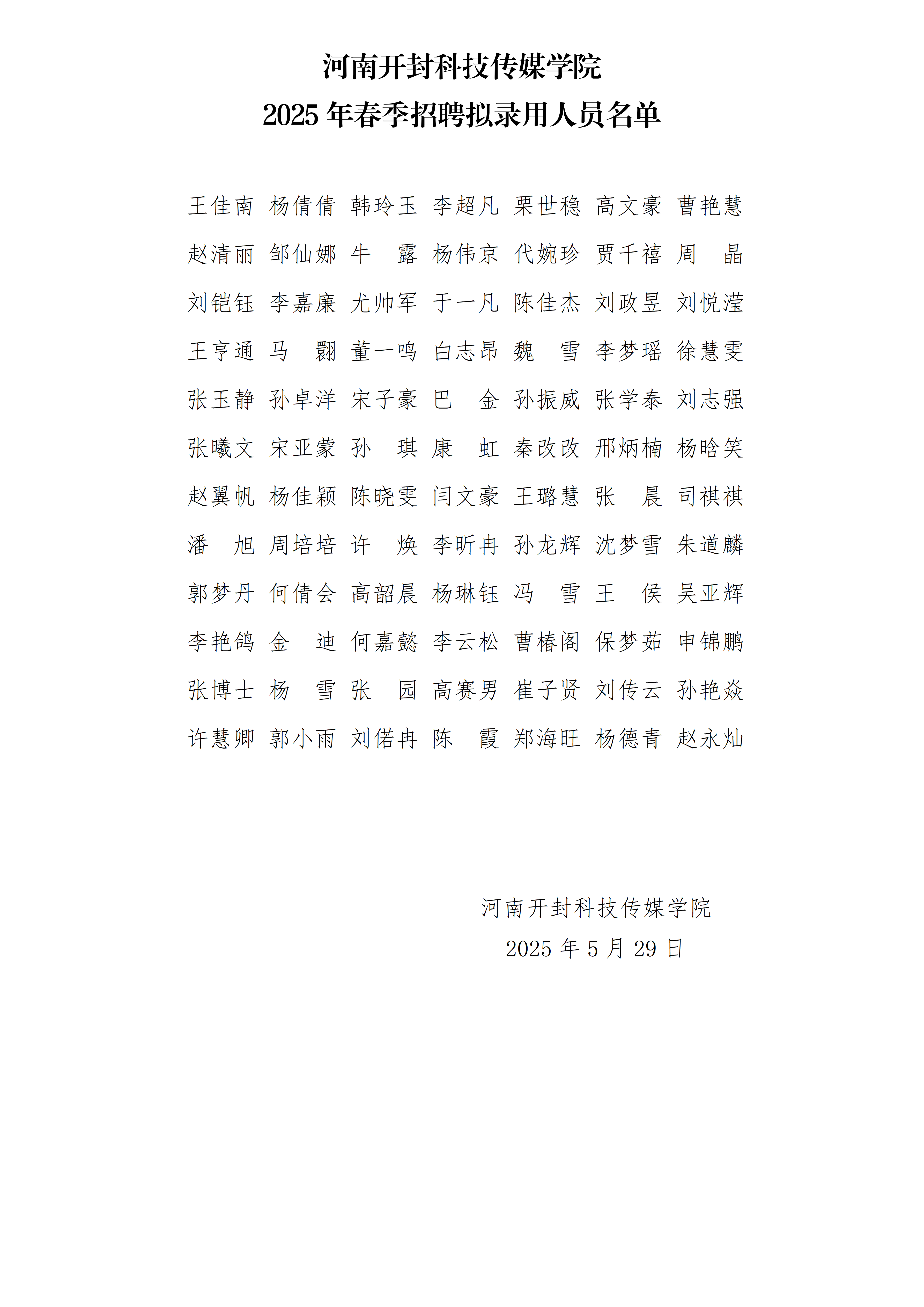 河南开封科技传媒学院2025年春季招聘拟录用人员名单_01